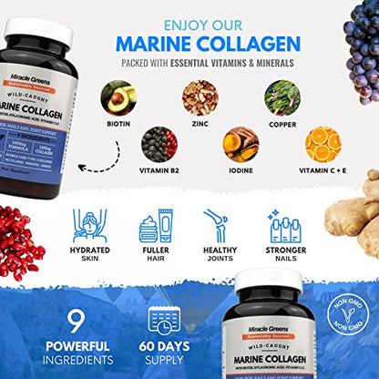 Marine Collagen 1400mg - 120 Capsules with Biotin, Hyaluronic Acid, Vitamin C, E, B2, Zinc, Copper & Iodine