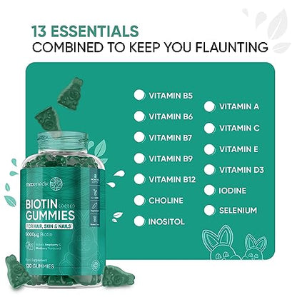 Biotin Gummies 5000mcg - with Vitamin A, B, C, D, E & Selenium - 120 Hair Nails and Skin