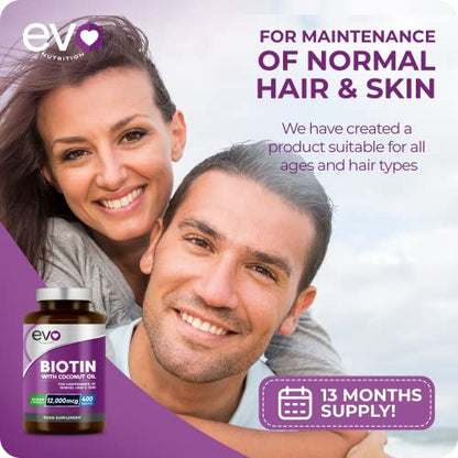 Biotin Hair Growth Supplement 12,000mcg with Coconut Oil - 400 High Strength Tablets