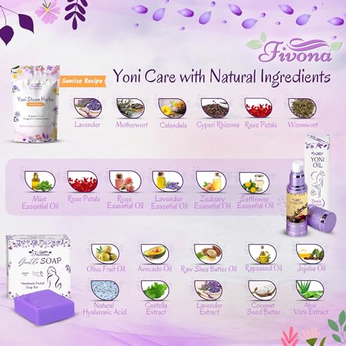 FIVONA Yoni Care Kit 4 in 1 - pH Balanced Natural Yoni Oil, Herbal Bar Soap for Feminine V Wash, Detox