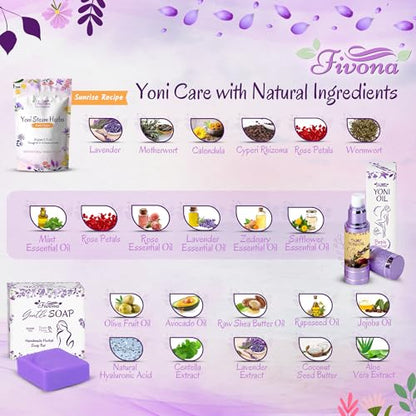 FIVONA Yoni Care Kit 4 in 1 - pH Balanced Natural Yoni Oil, Herbal Bar Soap for Feminine V Wash, Detox
