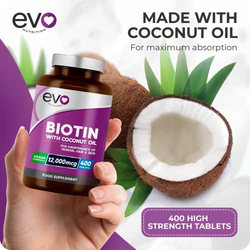 Biotin Hair Growth Supplement 12,000mcg with Coconut Oil - 400 High Strength Tablets