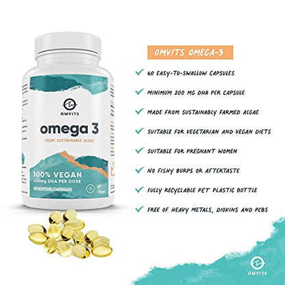 Omvits Vegan Omega 3 DHA from Algae Oil 1000mg - 60 Softgel Capsules with Vitamin E