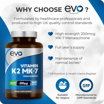 EVO NUTRITION Vitamin K2 MK-7 200mcg - 365 Vegetarian and Vegan Tablets
