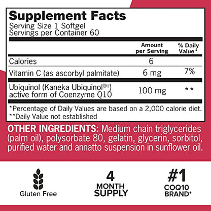 Qunol Ubiquinol CoQ10 100mg Softgels, Mega Ubiquinol 100mg - Superior Absorption