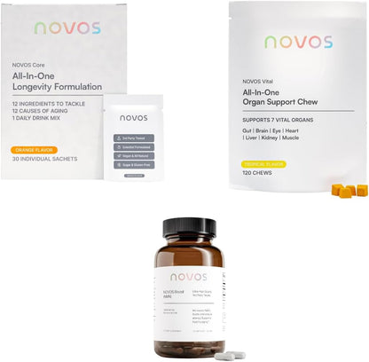 Novos Core Orange + Vital Chews + Boost NMN – Advanced Longevity System - Drink Mix, Chews & Capsules for Cellular Energy, Organ Health & DNA Support