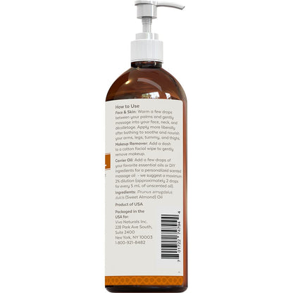 Almond Oil (16 oz); Sweet Almond Oil for Skin or Almond Oil for Hair, The Perfect Natural Body Oil for Women, Great as Unscented Massage Oil (Pack of 2)