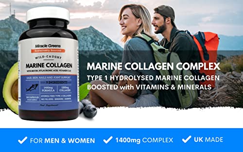 Marine Collagen 1400mg - 120 Capsules with Biotin, Hyaluronic Acid, Vitamin C, E, B2, Zinc, Copper & Iodine