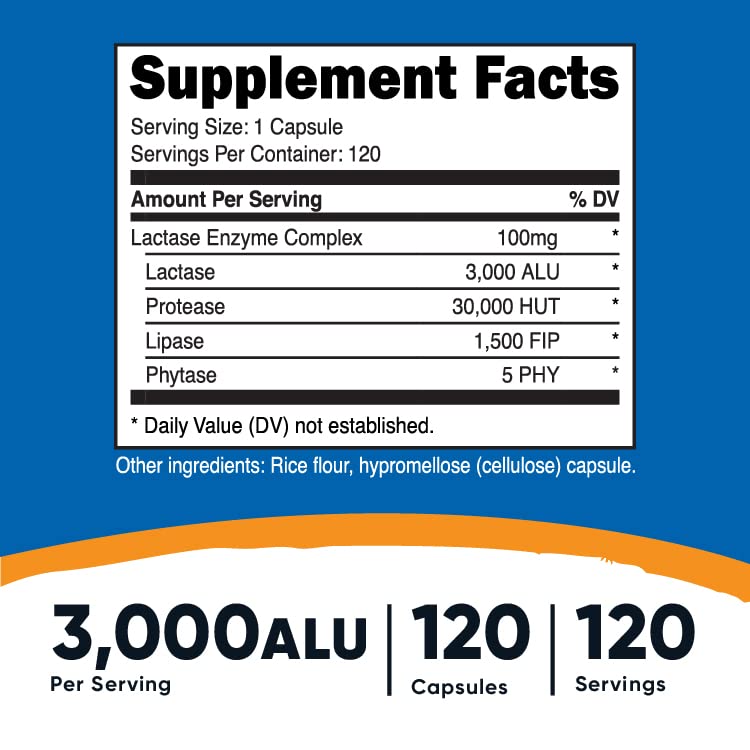 Nutricost Lactase Enzyme Complex 3,000 FCC ALU, 120 Vegetarian Capsules - Non-GMO