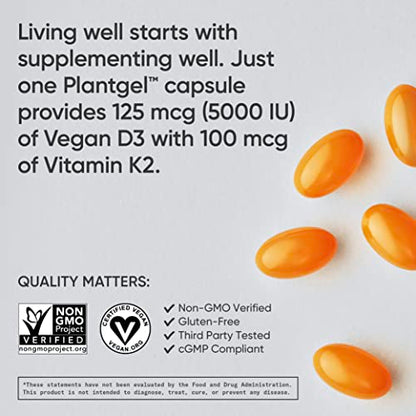 Sports Research Vitamin D3 + K2 with 5000iu of Plant-Based D3 & 100mcg of Vitamin