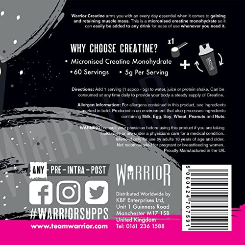 Warrior Creatine Monohydrate Powder - 300g - Micronised for Easy Mixing and Consumpti
