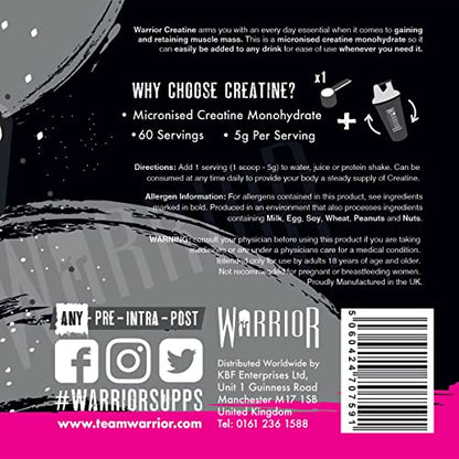 Warrior Creatine Monohydrate Powder - 300g - Micronised for Easy Mixing and Consumpti