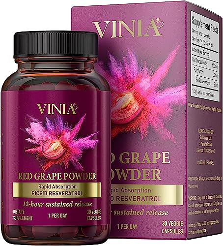 VINIA 12-Hour Sustained Release Piceid Resveratrol Supplement. Nitric Oxide Supplement
