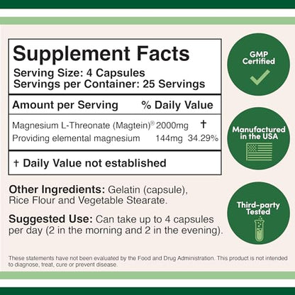 Magnesium L Threonate Capsules (Magtein) - High Absorption Supplement - Bioavailable