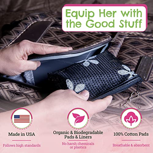 First Period Kit To-go! - Organic Biodegradable Tween Pads & Liner - Period Bags for Teen Girls