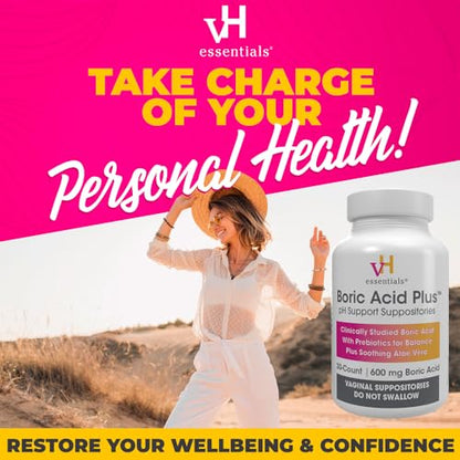 vH essentials Boric Acid Plus Vaginal Suppositories, Prebiotic Infused with Soothing Aloe Vera, pH