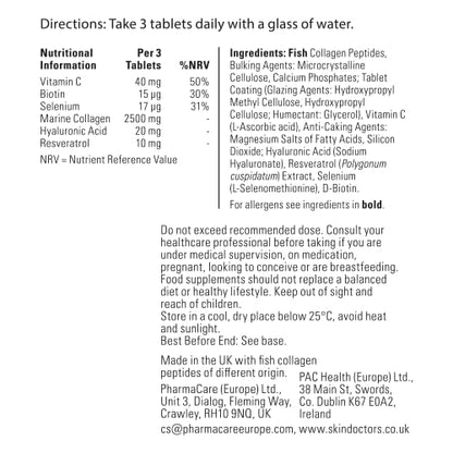 Skin Doctors Collagen Tablets - 2500mg - Hydrolysed Marine Collagen - Hyaluronic Acid