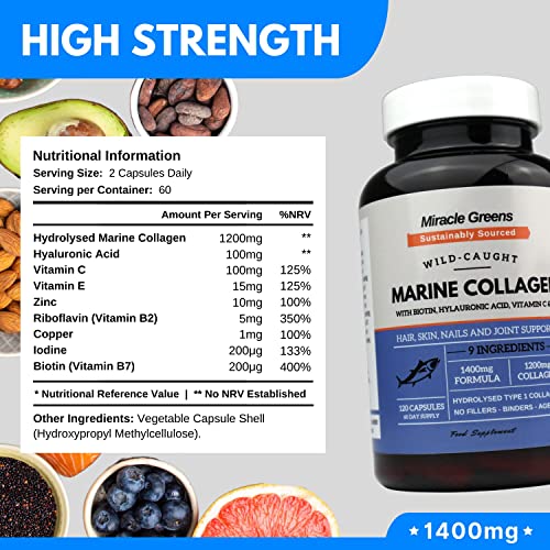 Marine Collagen 1400mg - 120 Capsules with Biotin, Hyaluronic Acid, Vitamin C, E, B2, Zinc, Copper & Iodine