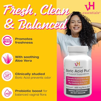vH essentials Boric Acid Plus Vaginal Suppositories, Prebiotic Infused with Soothing Aloe Vera, pH