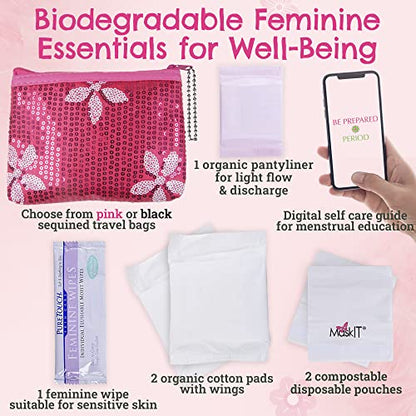 First Period Kit To-go! - Organic Biodegradable Tween Pads & Liner - Period Bags for Teen Girls