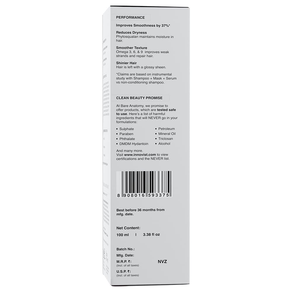 Bare Anatomy Ultra Smoothing Hair Serum Powered By Carbohydrate Complex & Niacinamide - Serum for Smooth & Shiny Hair - For Dry & Frizzy Hair - Women & Men - 100 ml