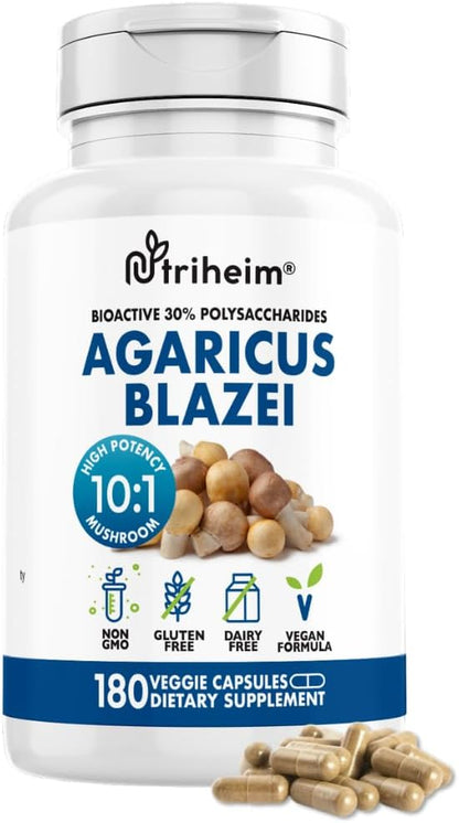 Agaricus Blazei Organic Mushroom Extract for Immune & Energy Support - 30% Polysaccharides & 180 Veggie Capsules - Non-GMO, Gluten-Free, Vegan-Friendly Supplement