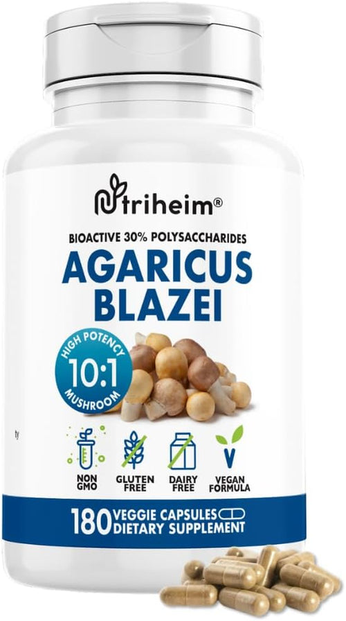 Agaricus Blazei Organic Mushroom Extract for Immune & Energy Support - 30% Polysaccharides & 180 Veggie Capsules - Non-GMO, Gluten-Free, Vegan-Friendly Supplement