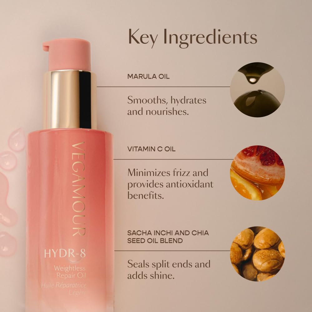 VEGAMOUR HYDR-8 Weightless Repair Oil - Strengthens, Smooths and Adds Shine with Marula Oil and Vitamin C - For All Hair Types - Formulated Without Silicones, Vegan and Cruelty-Free (1.7 Fl Oz)