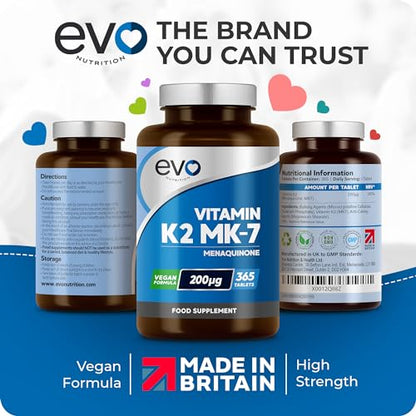 EVO NUTRITION Vitamin K2 MK-7 200mcg - 365 Vegetarian and Vegan Tablets