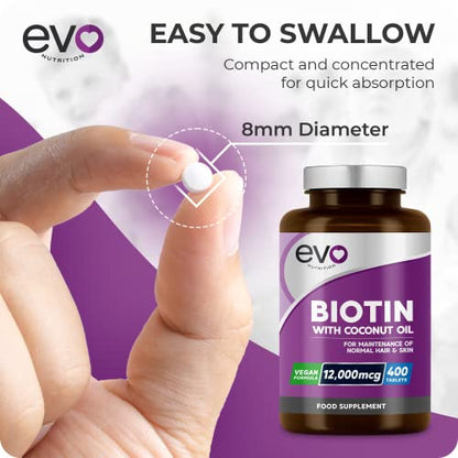 Biotin Hair Growth Supplement 12,000mcg with Coconut Oil - 400 High Strength Tablets