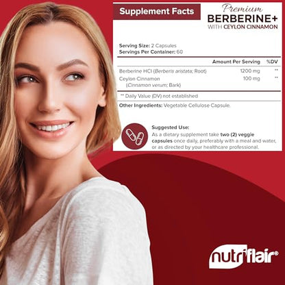 NutriFlair Premium Berberine HCL 1200mg, 120 Capsules - Plus Pure True Ceylon Cinnamon