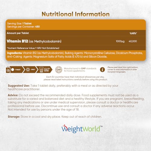 Vitamin B12 Tablets High Strength - 1000mcg Vegan B12 Supplement - 450 Pure Methylcob