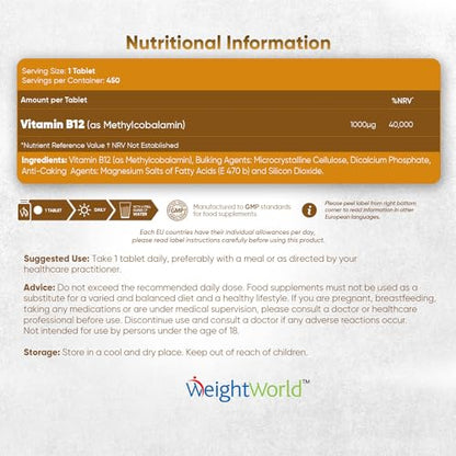 Vitamin B12 Tablets High Strength - 1000mcg Vegan B12 Supplement - 450 Pure Methylcob