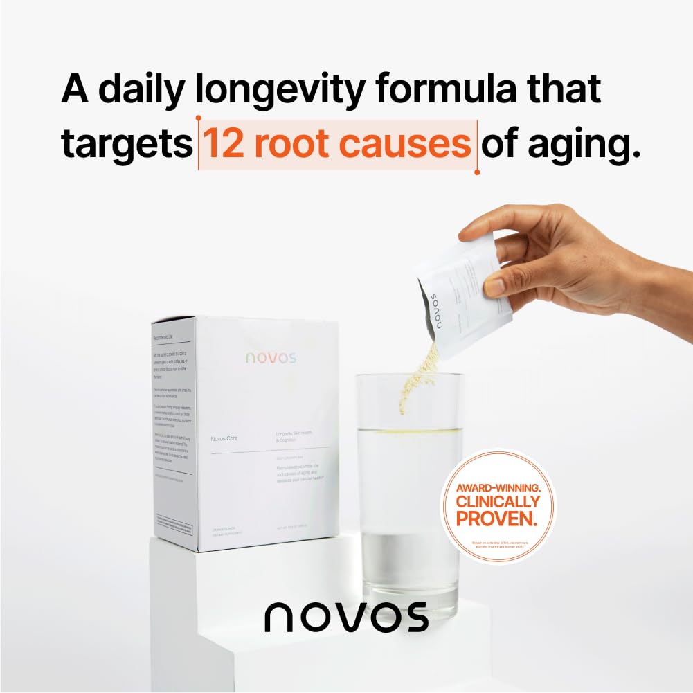 Novos Core - Clinically Studied Daily Longevity Supplement - 12 Active Ingredients for Healthy Aging, Energy, Cognition & Skin Health - Human Clinical Trial Backed - Orange Flavored - 30 Servings