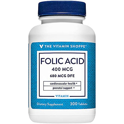 The Vitamin Shoppe Folic Acid 400MCG, Supports Prenatal & Fetal Development (300 Tablets)