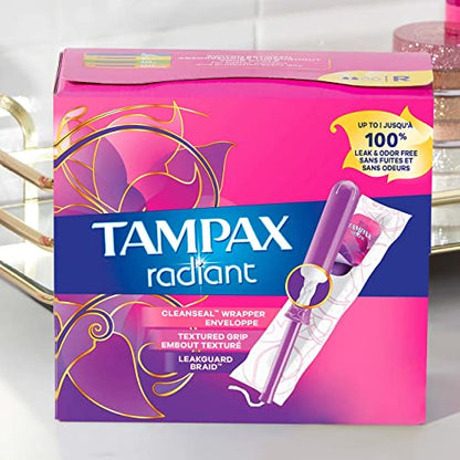 Tampax Radiant Tampons Multi Pack with LeakGuard Braid, Light/Regular Absorbency, Unscented, 26 Count