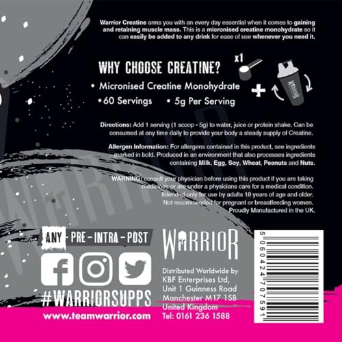 Warrior Creatine Monohydrate Powder - 300g - Micronised for Easy Mixing and Consumpti