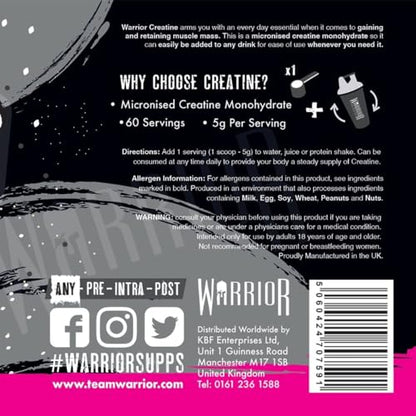 Warrior Creatine Monohydrate Powder - 300g - Micronised for Easy Mixing and Consumpti