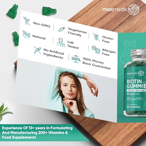 Biotin Gummies 5000mcg - with Vitamin A, B, C, D, E & Selenium - 120 Hair Nails and Skin