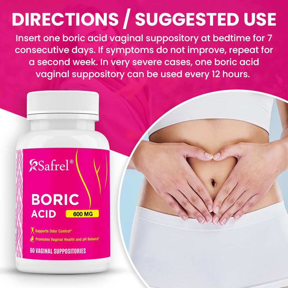 Safrel Boric Acid Vaginal Suppositories - 60 Count (1-Pack) - 100% Pure USA-Made, Supports Intimate