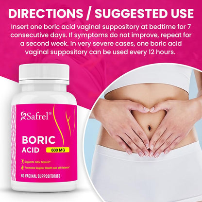 Safrel Boric Acid Vaginal Suppositories - 60 Count (1-Pack) - 100% Pure USA-Made, Supports Intimate