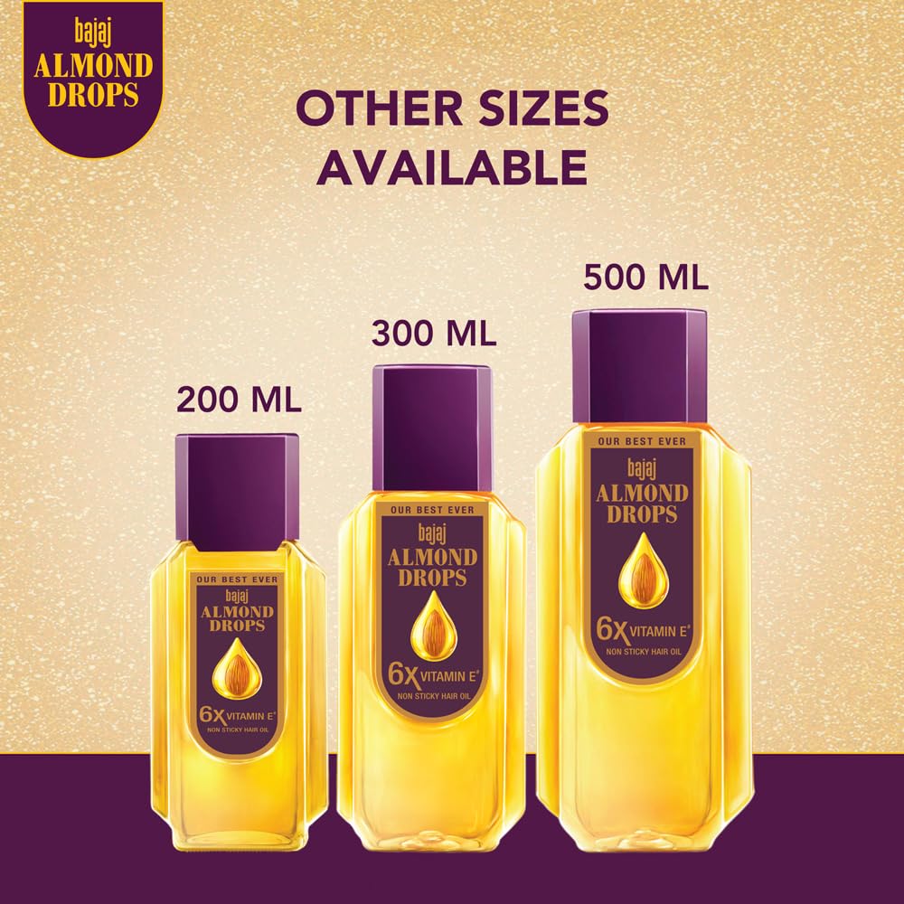 Bajaj Almond Drops Hair Oil, Almond Oil Enriched with 6X Vitamin E, Light and Non-Sticky, Hair Fall Control - 6.76 fl.oz (200ml)