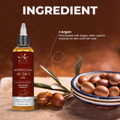 AVD Organics Argan Oil for Hair 120ml - 100% Pure & Natural Moroccan Argan Oil for Adult Hydration, Nourishing, Strengthening, Curly, Frizzy, Dry, Damaged Hair,Face, Skin, Scalp & Nails - (4.05 fl oz)
