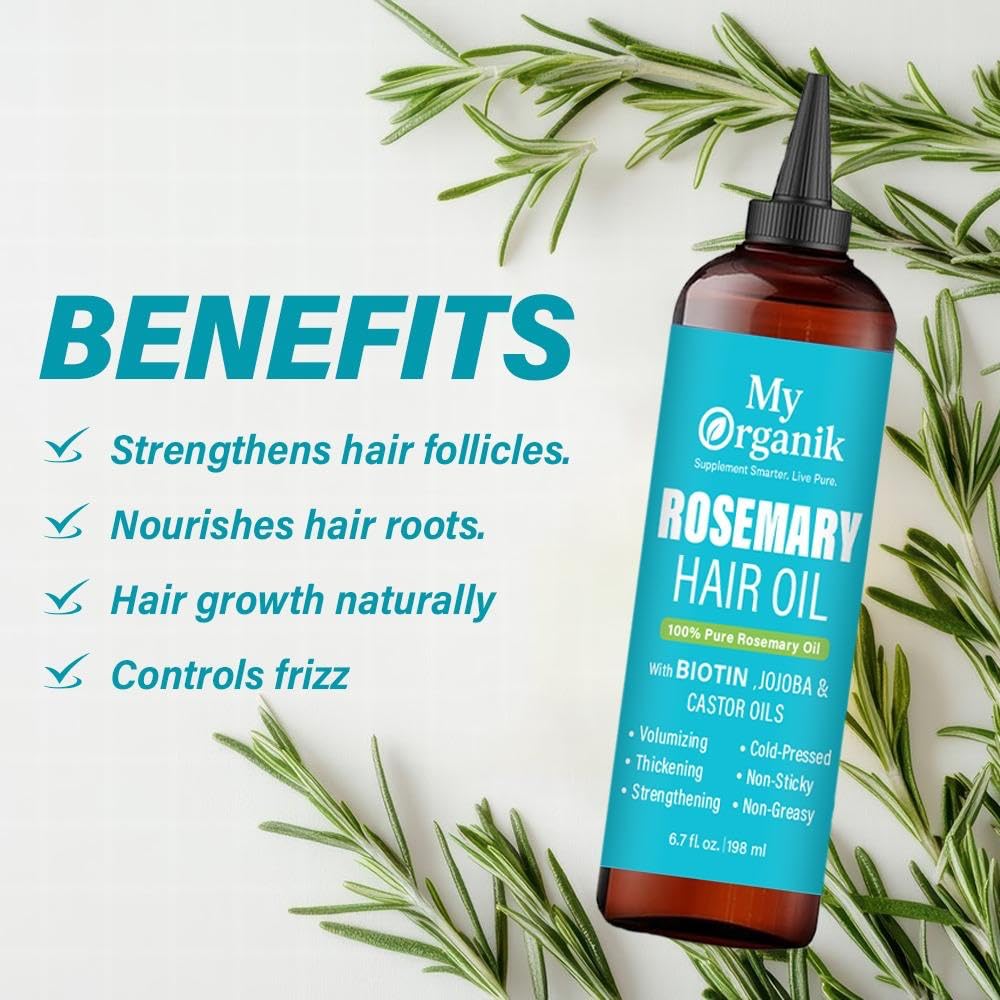 My Organik Rosemary Oil for Hair Growth - Cold-Pressed, Infused with Biotin, Jojoba & Castor Oil - Scalp Treatment for Hair Thickening, Strengthening & Dandruff Relief - Non-GMO - 6.7 fl oz / 198 ml