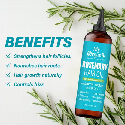 My Organik Rosemary Oil for Hair Growth - Cold-Pressed, Infused with Biotin, Jojoba & Castor Oil - Scalp Treatment for Hair Thickening, Strengthening & Dandruff Relief - Non-GMO - 6.7 fl oz / 198 ml