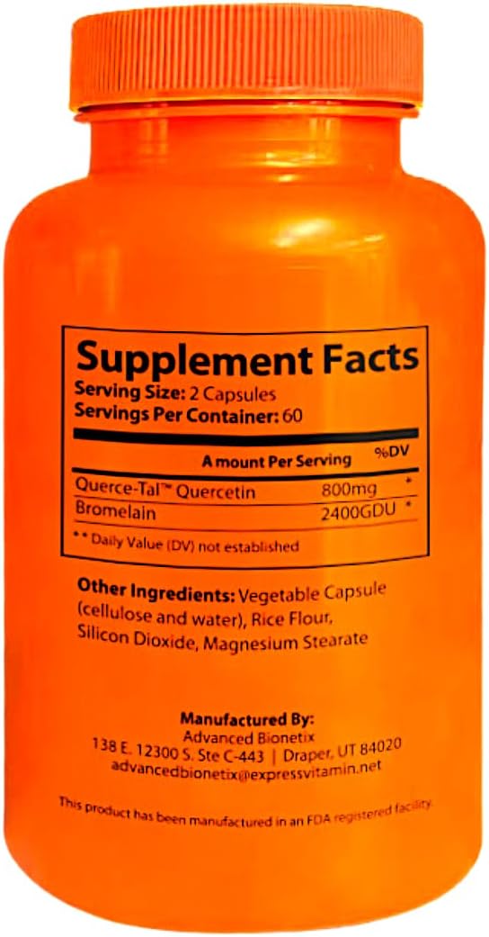 Advanced Bionetix Querce-Tal™ Quercetin + Bromelain 120 Veg Capsules - High Potency Enhanced Absorption Bioavailability. Supports Anti-Oxidant, Flare up Events, Heart Immune Health, Packaging May Vary