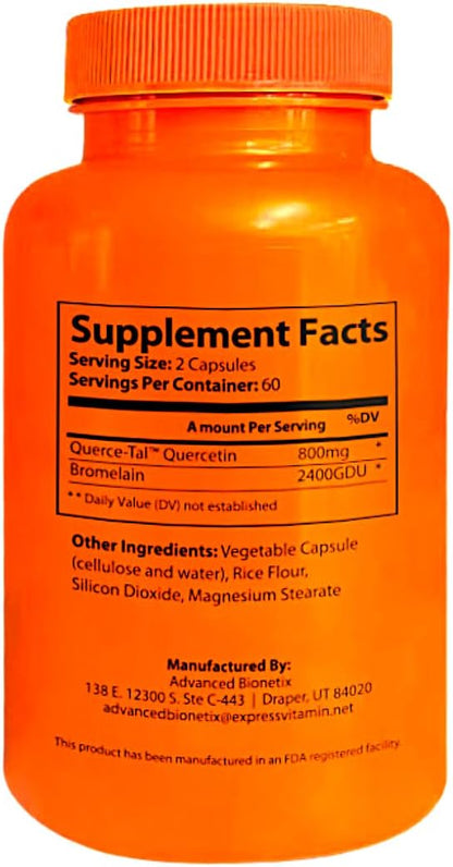 Advanced Bionetix Querce-Tal™ Quercetin + Bromelain 120 Veg Capsules - High Potency Enhanced Absorption Bioavailability. Supports Anti-Oxidant, Flare up Events, Heart Immune Health, Packaging May Vary