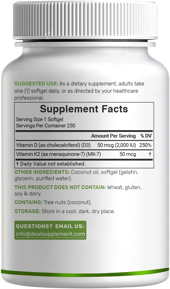 DEAL SUPPLEMENT Vitamin D3 2,000 IU + K2 MK7 50mcg Softgels - 2-in-1 Complex with Virgin Coconut Oil - Supports Heart, Bone, Teeth & Immune Health - Easy to Swallow