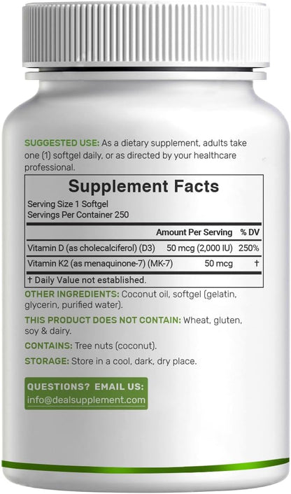 DEAL SUPPLEMENT Vitamin D3 2,000 IU + K2 MK7 50mcg Softgels - 2-in-1 Complex with Virgin Coconut Oil - Supports Heart, Bone, Teeth & Immune Health - Easy to Swallow