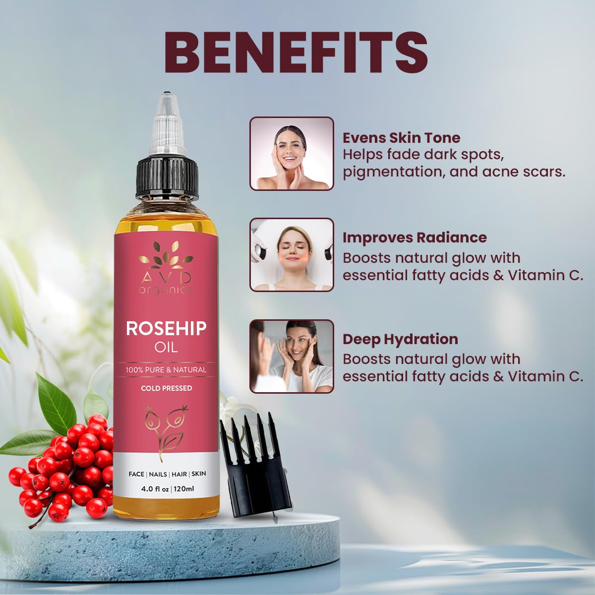 AVD ORGANICS Rosehip Oil for Face 120ml - 100% Pure, Cold-Pressed Huile de Rose Musquée - Rose hip Oil for Face, Skin, Hair, Scalp & Nails - Moisturizing for Daily Use (4.05 fl oz)